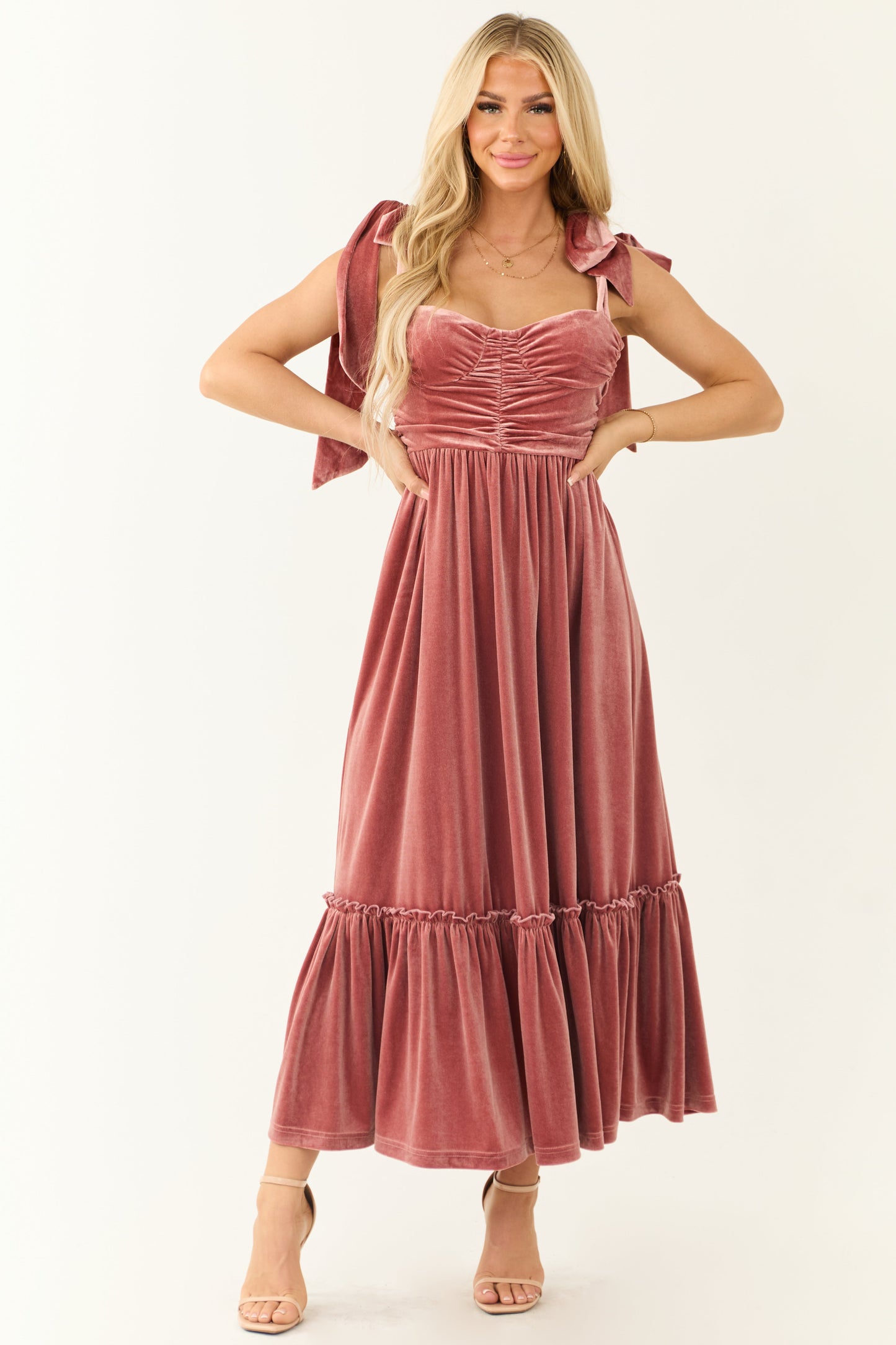 Punch Velvet Tie Straps Ruched Maxi Dress