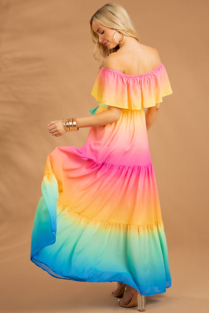 Flying Tomato Rainbow Ombre Off the Shoulder Maxi Dress