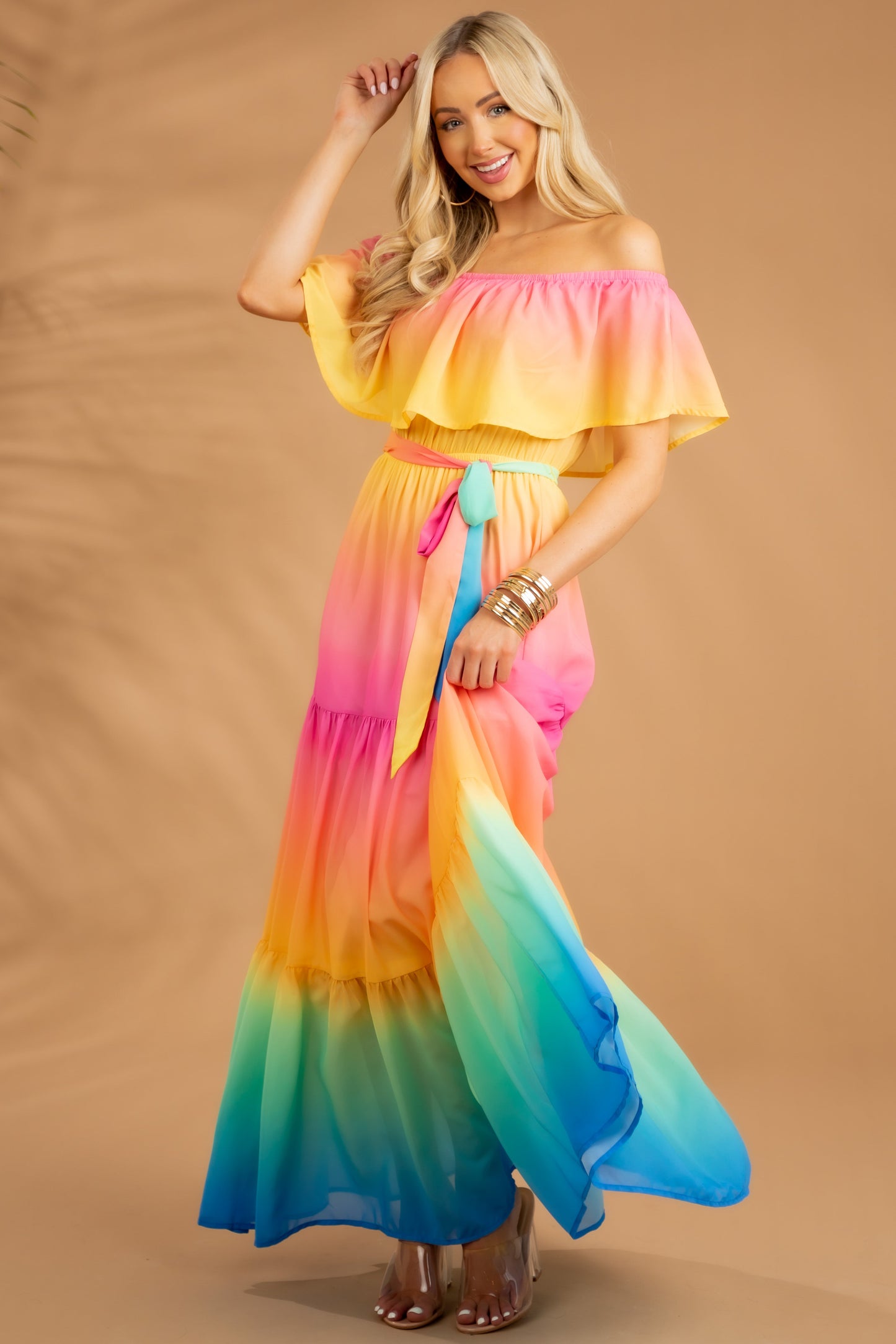 Flying Tomato Rainbow Ombre Off the Shoulder Maxi Dress