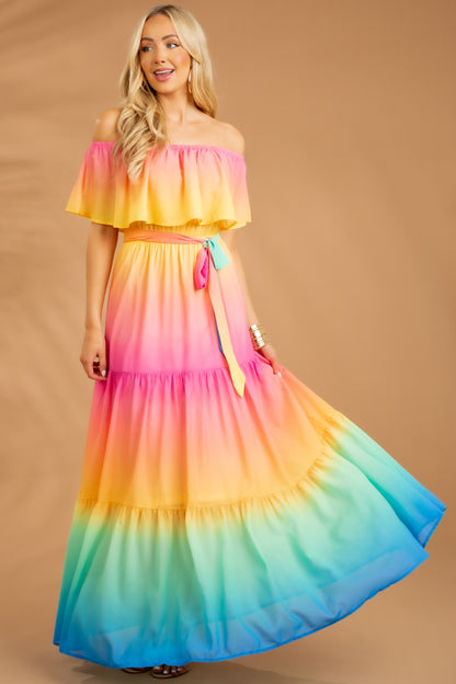 Flying Tomato Rainbow Ombre Off the Shoulder Maxi Dress