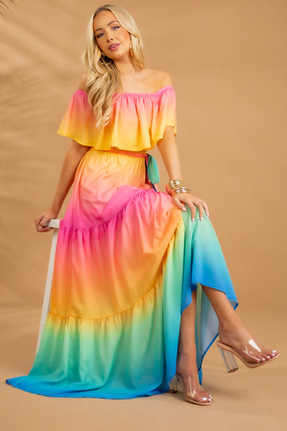 Flying Tomato Rainbow Ombre Off the Shoulder Maxi Dress