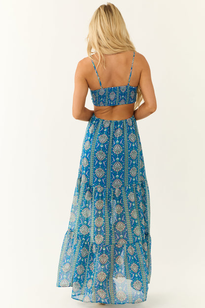 Royal Blue Floral Print Open Back Maxi Dress