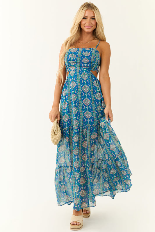 Royal Blue Floral Print Open Back Maxi Dress