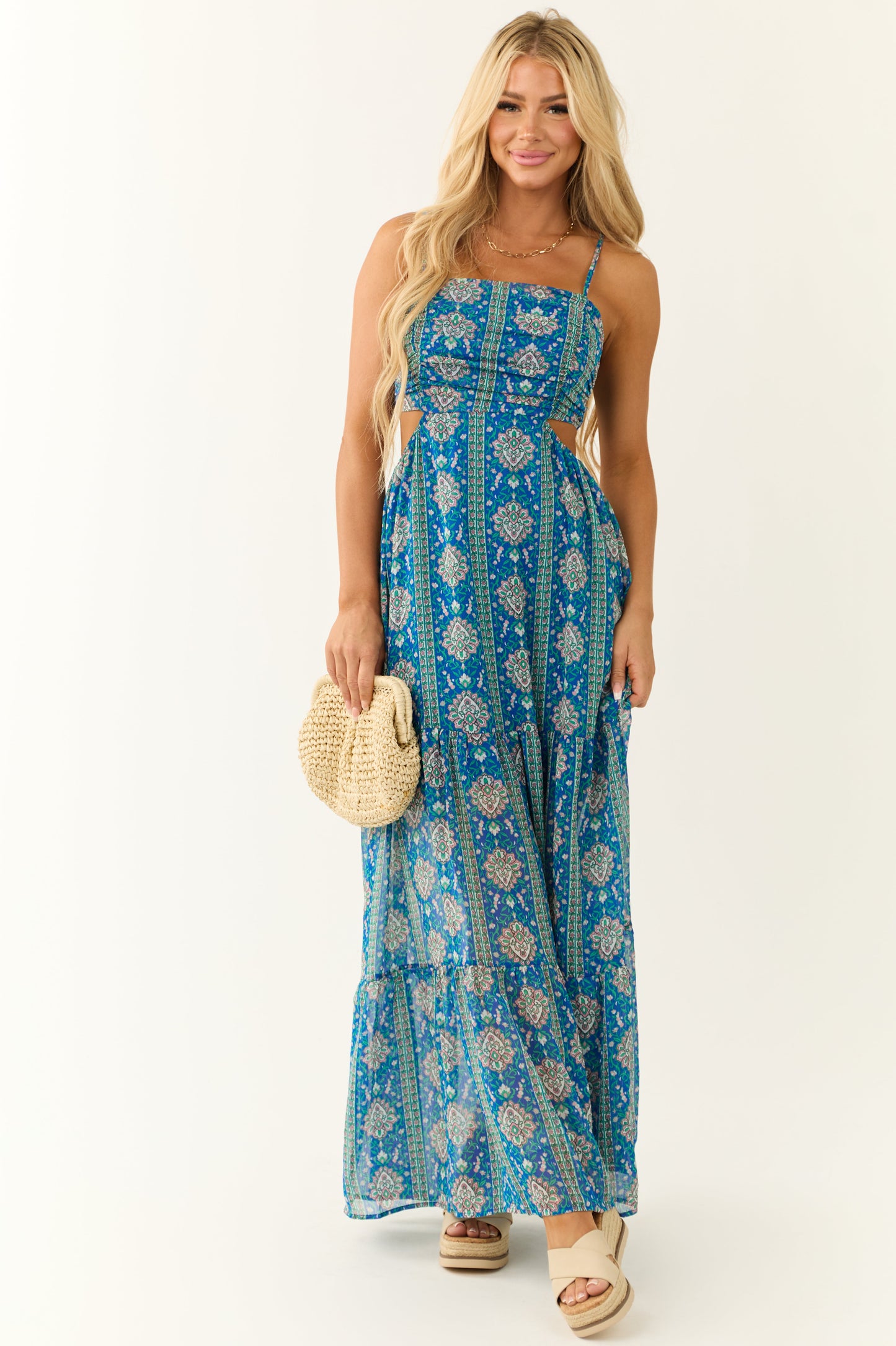 Royal Blue Floral Print Open Back Maxi Dress