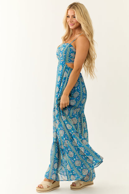 Royal Blue Floral Print Open Back Maxi Dress