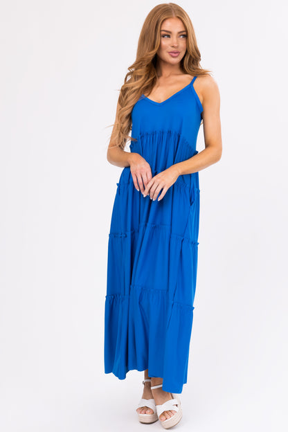 Royal Blue V Neck Babydoll Tiered Maxi Dress