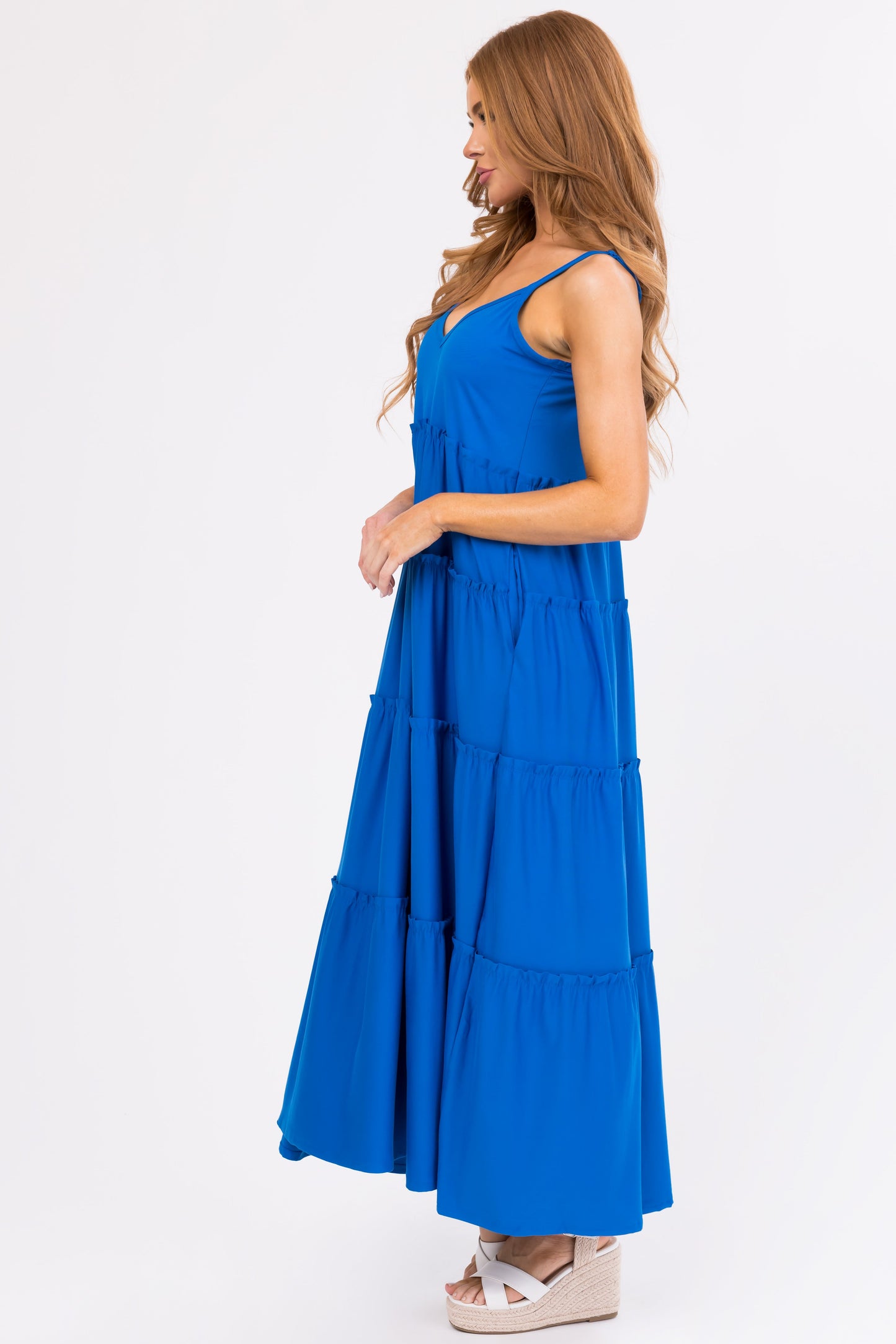 Royal Blue V Neck Babydoll Tiered Maxi Dress