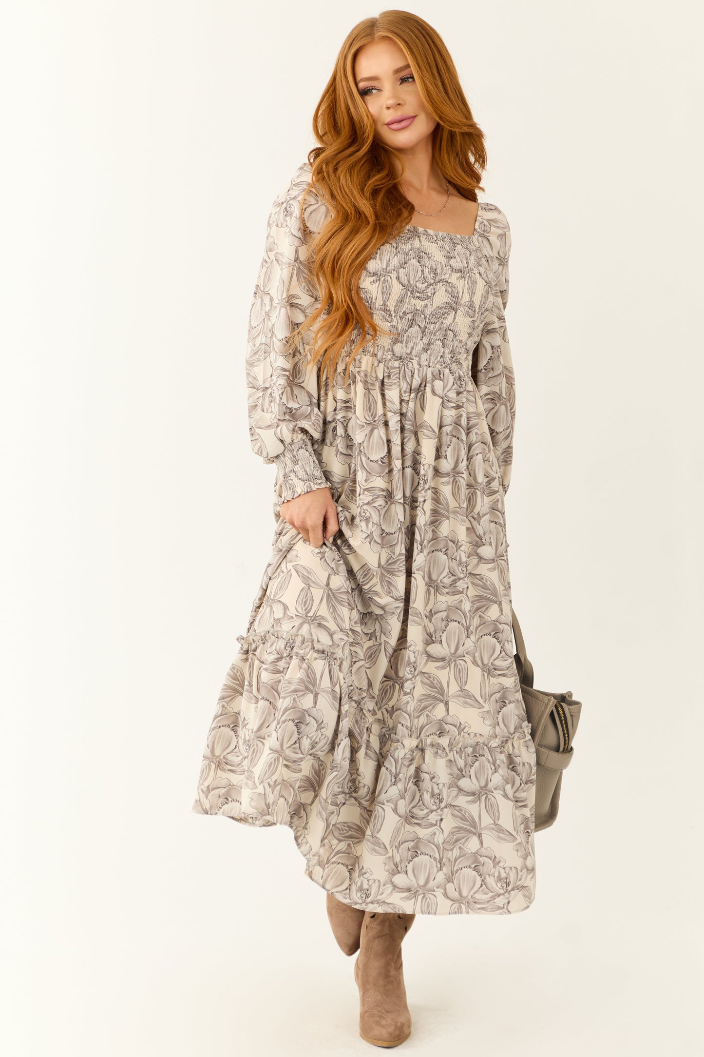 Vanilla Floral Print Square Neck Maxi Dress