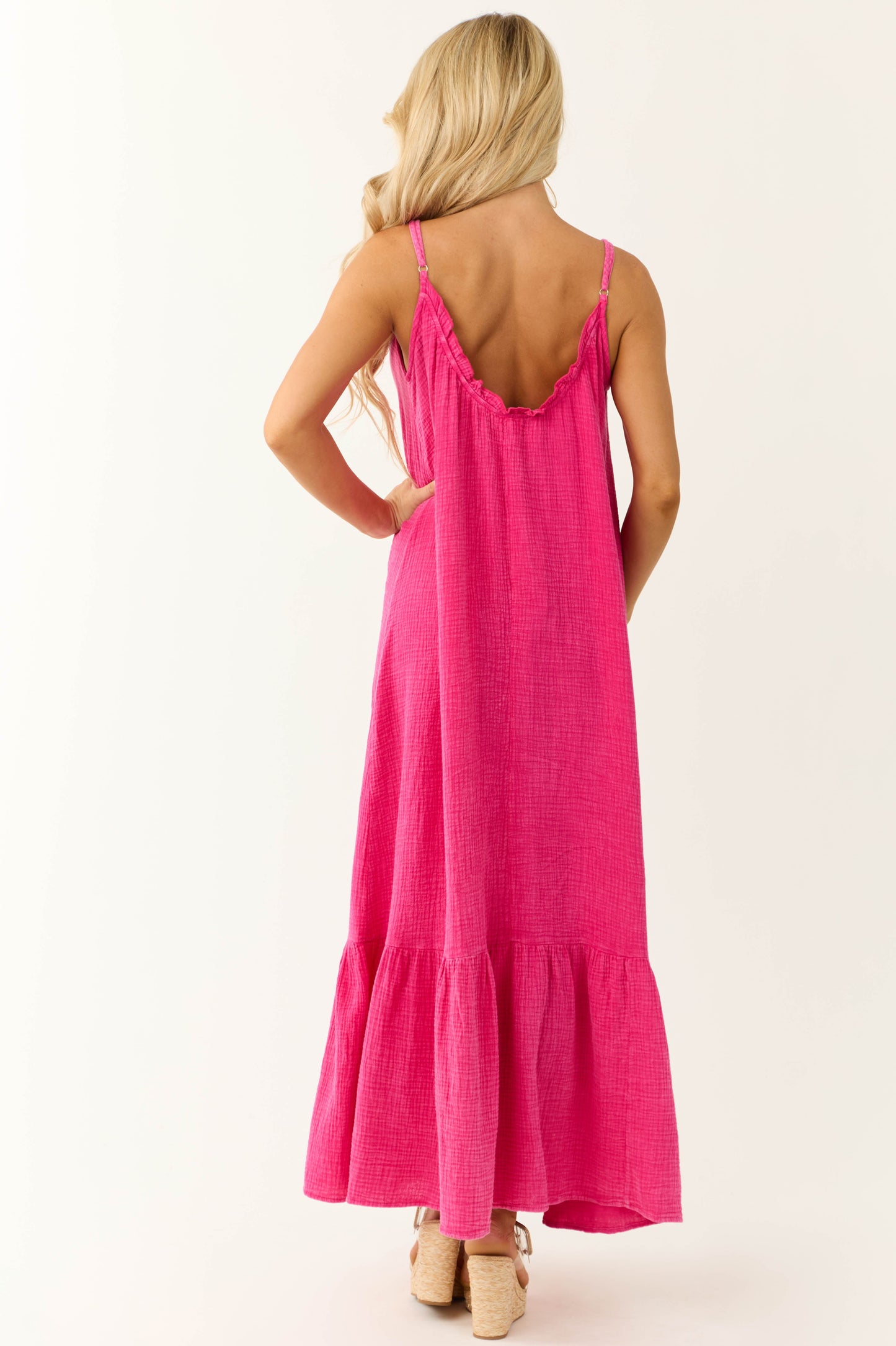 Washed Hot Pink Sleeveless Gauze Maxi Dress