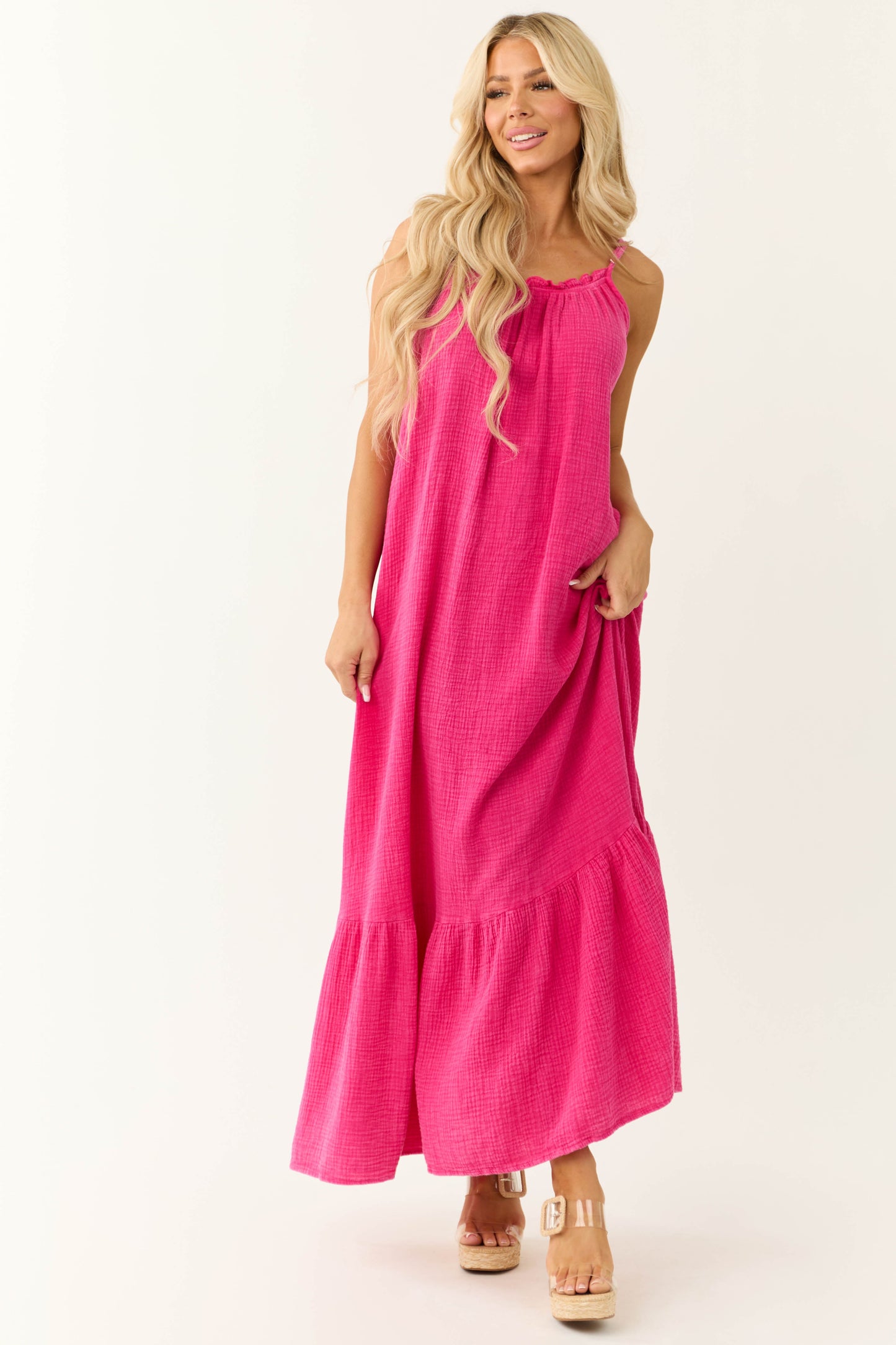 Washed Hot Pink Sleeveless Gauze Maxi Dress