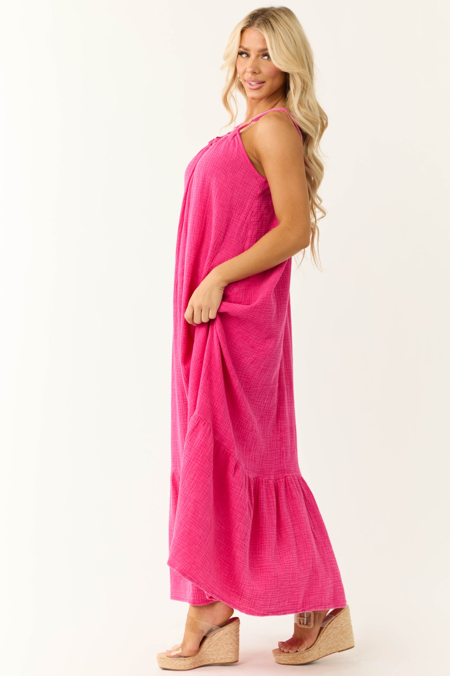 Washed Hot Pink Sleeveless Gauze Maxi Dress